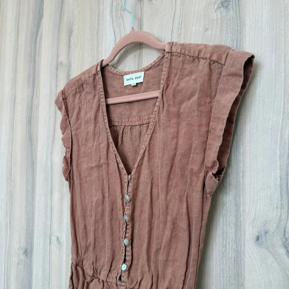 Bella Dahl Womens Linen Romper XS Brown Button Front Boho Earthy Minimal Coastal